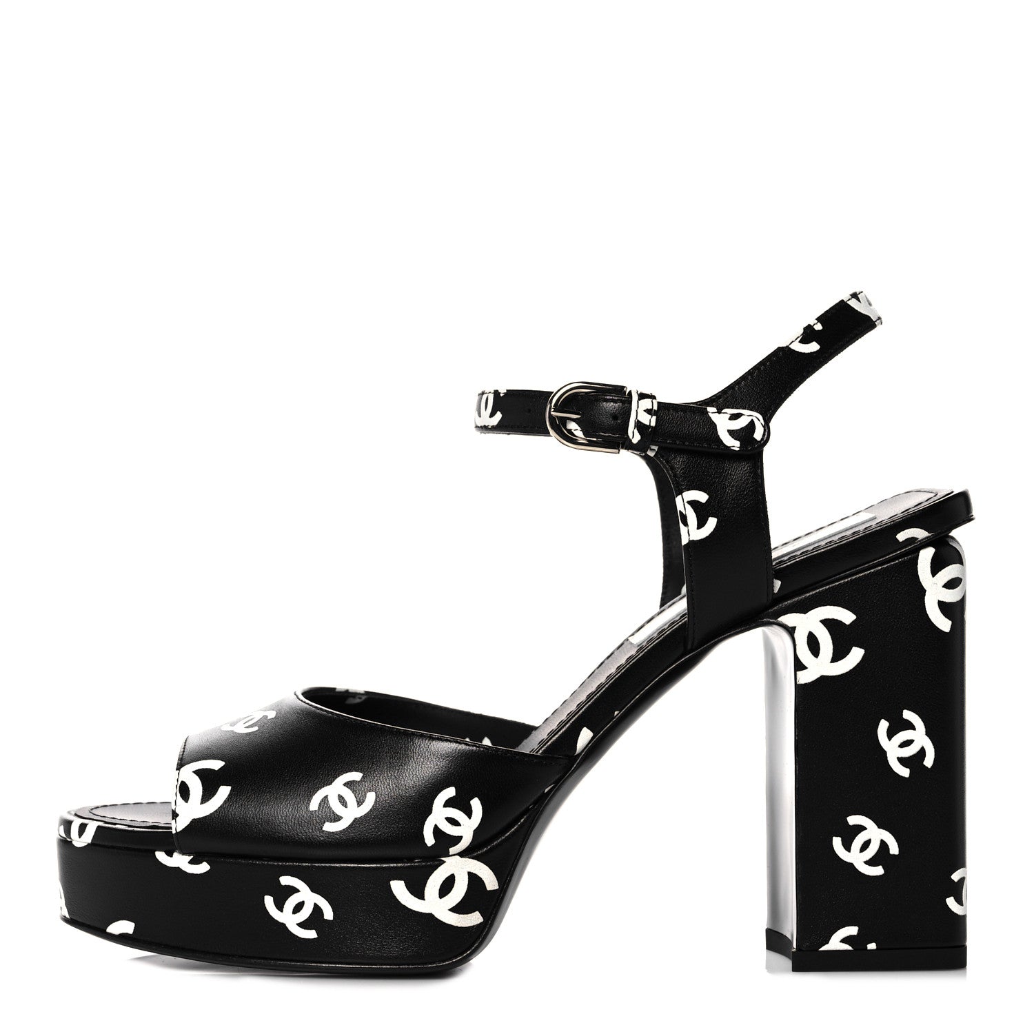 Chanel Printed Lambskin CC Platform Sandals 39 Black White 1 of 9