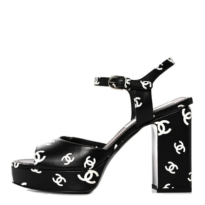 Chanel Printed Lambskin CC Platform Sandals 39 Black White 1 of 9