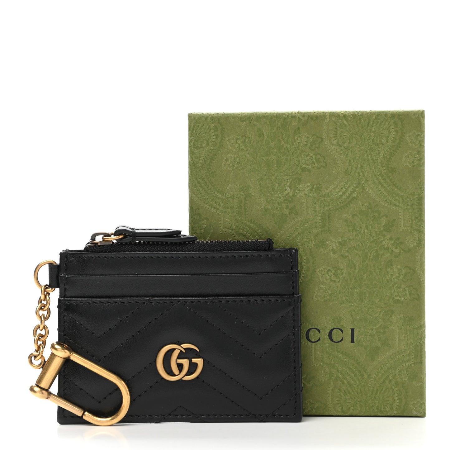 Calfskin Matelasse Chevron GG Marmont Key Case Card Holder Black