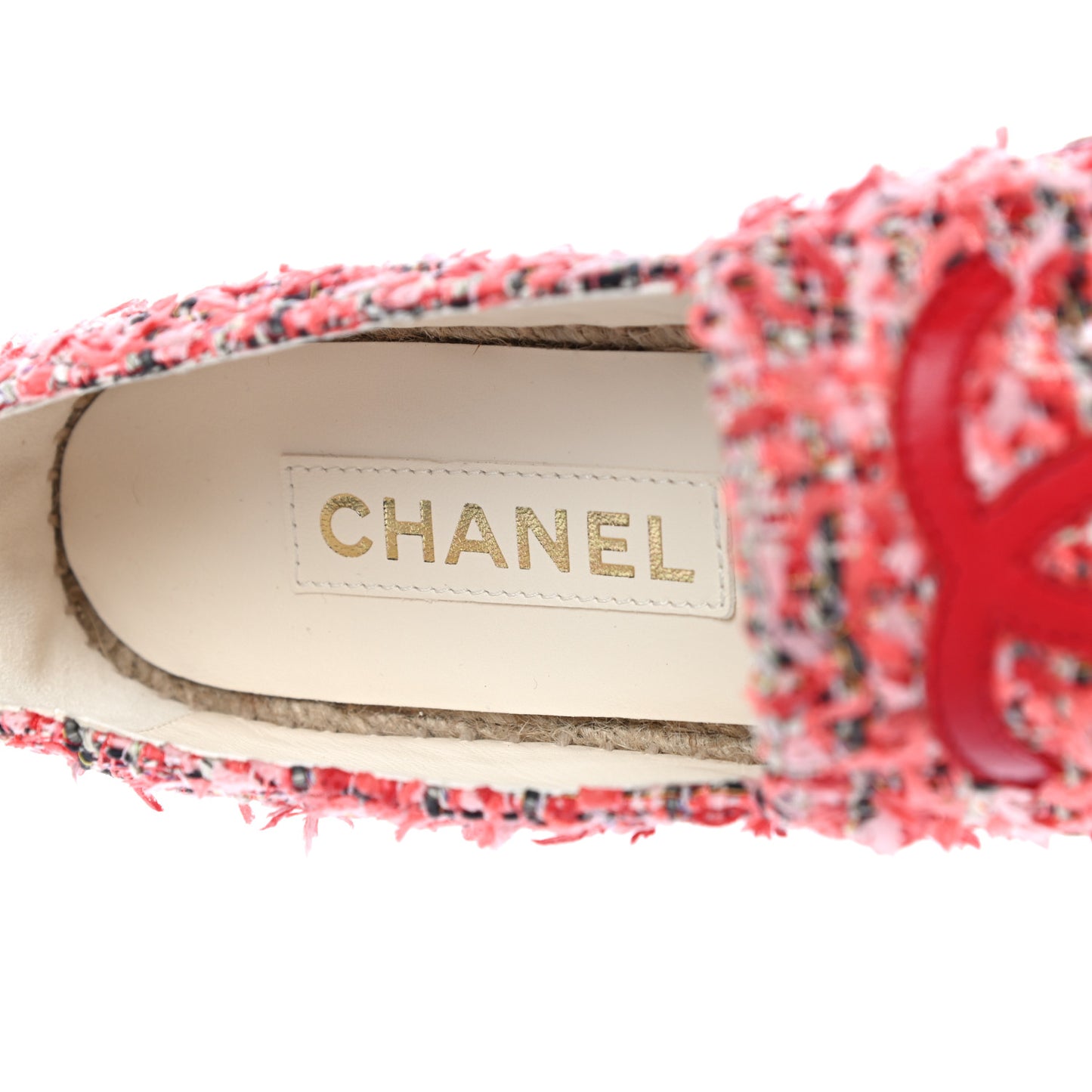 Tweed Lambskin CC Espadrilles 39 Coral Pink Black Red
