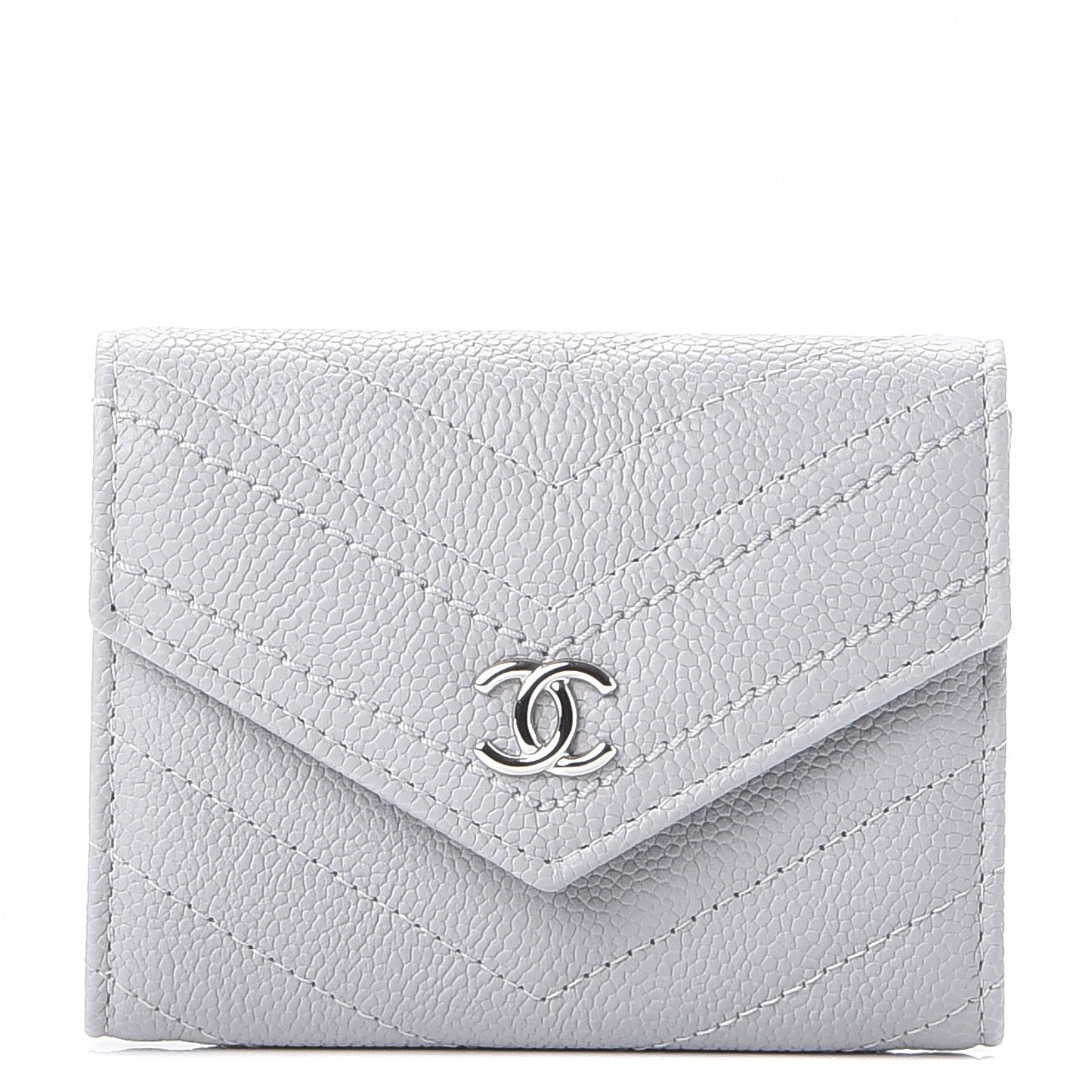 Caviar Chevron Quilted Card Holder Flap Wallet Grey