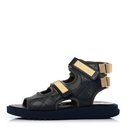Chanel Goatskin Fabric Gladiator Sandals 38 Navy Blue Light Grey Yellow 1 of 8