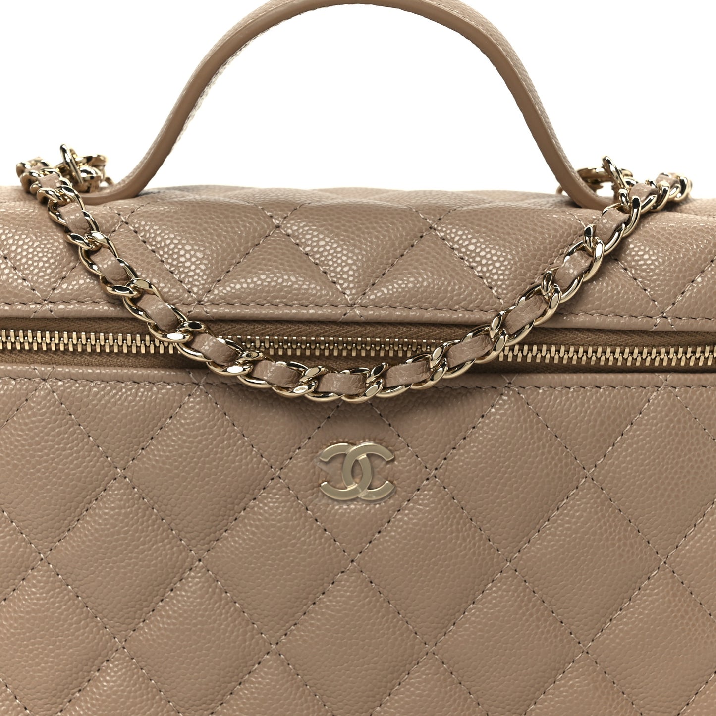 Caviar Quilted Top Handle Slim Vanity With Chain Dark Beige