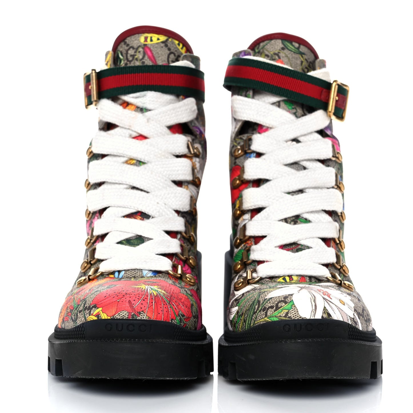 GG Supreme Monogram Flora Lace Up Combat Ankle Boots 39 Beige Multicolor Red