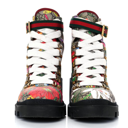 Gucci GG Supreme Monogram Flora Lace Up Combat Ankle Boots 39 Beige Multicolor Red 2 of 9