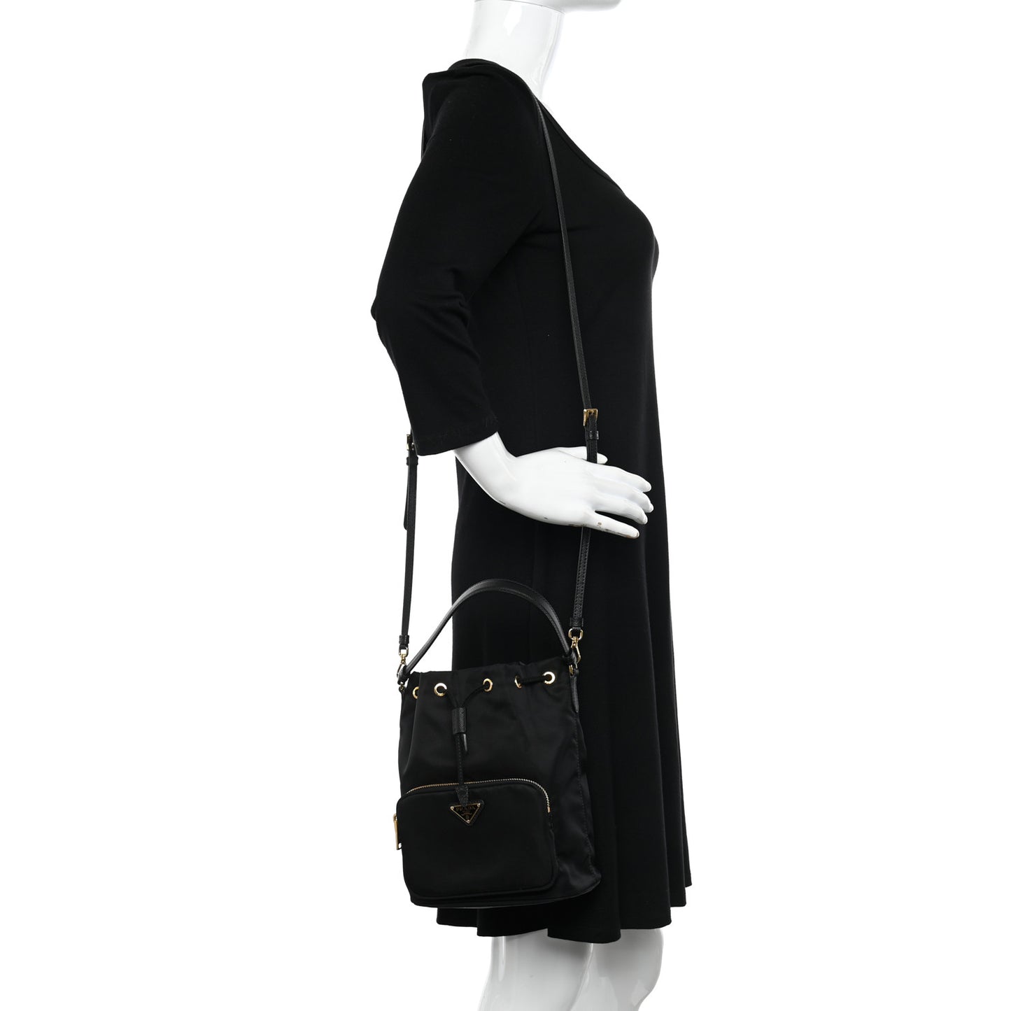 Saffiano Tessuto Nylon Mini Bucket Crossbody Bag Black