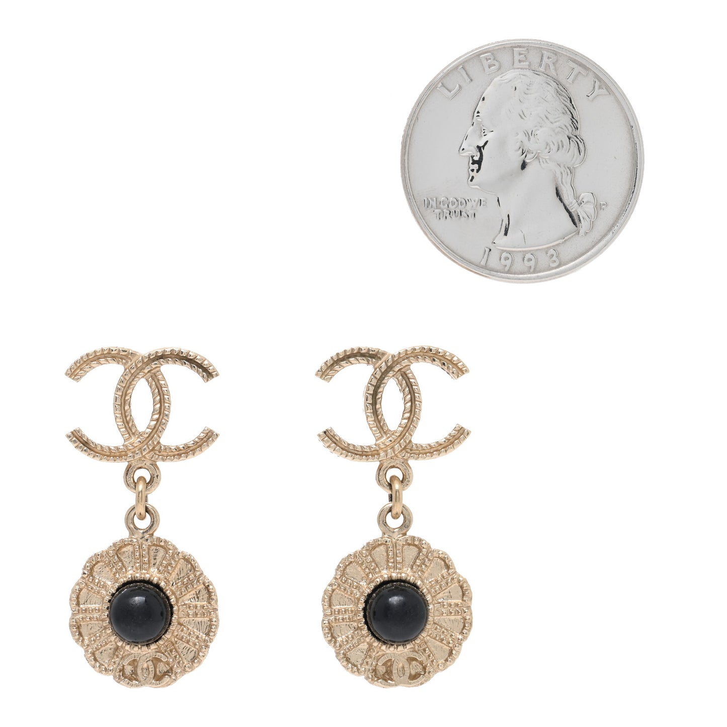 Flower CC Drop Earrings Gold Black