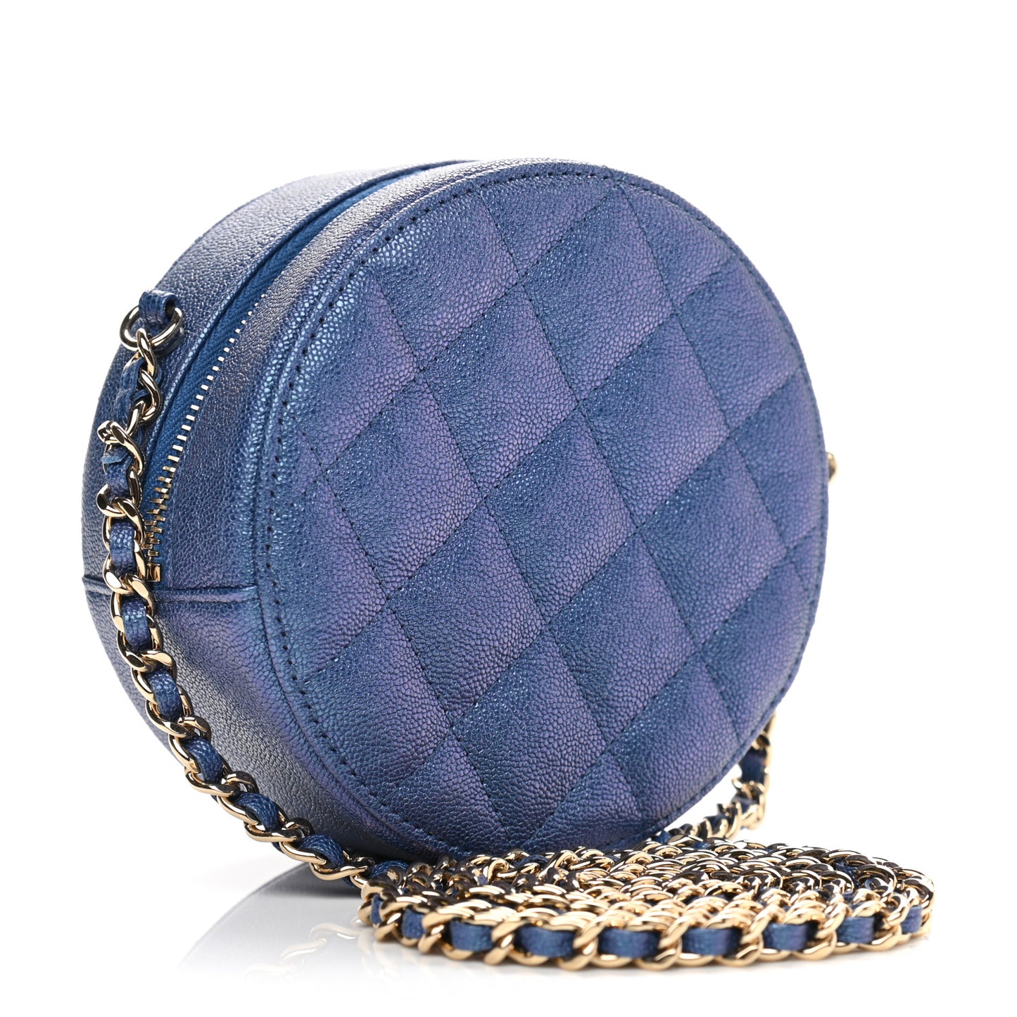 Iridescent Caviar Quilted Round Clutch With Chain Blue