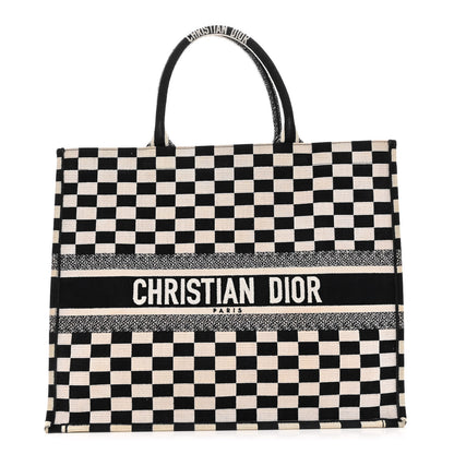 Christian Dior Canvas Embroidered Checkered Book Tote Black White 1 of 12