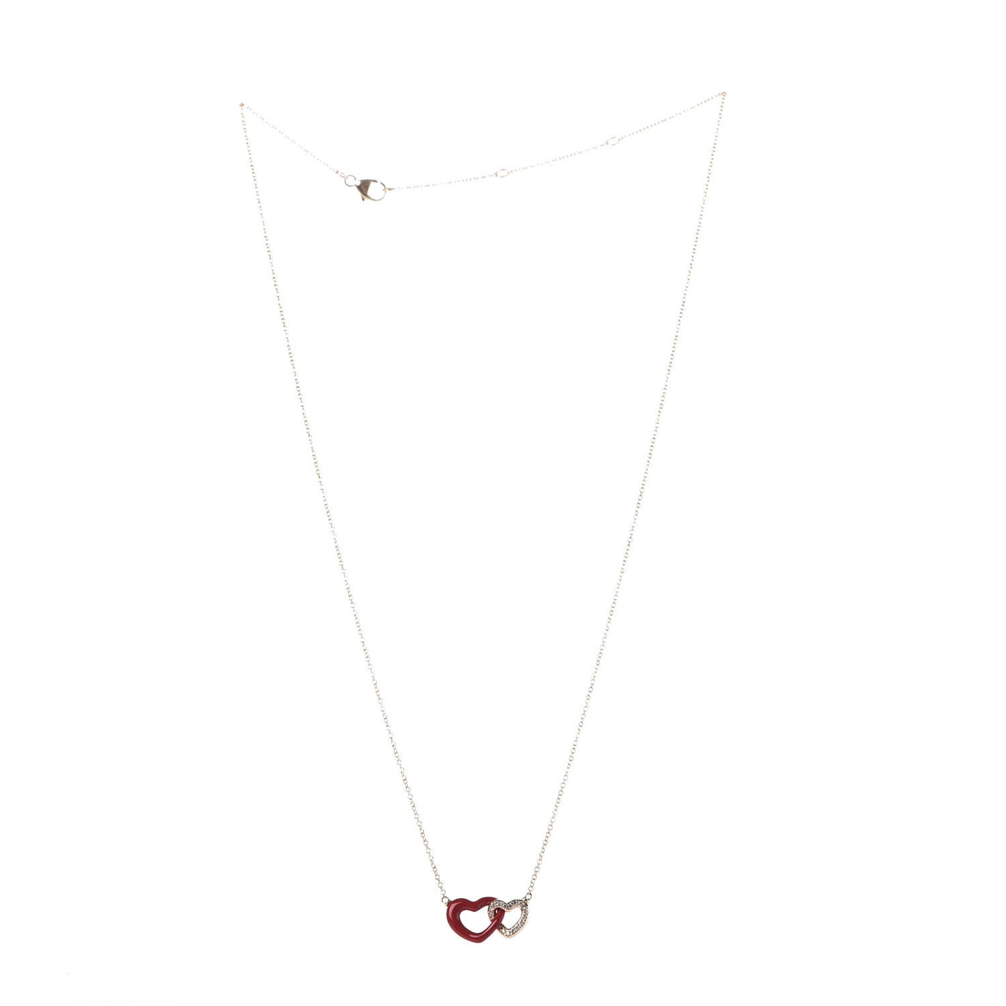 18K Yellow Gold Diamond Enamel Cable Double Heart Pendant Necklace Red