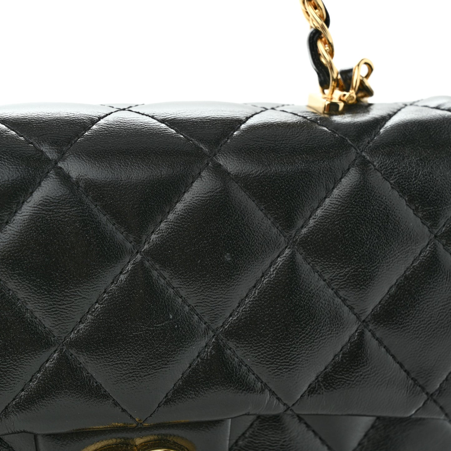 Shiny Lambskin Quilted Golden Links Top Handle Flap Black