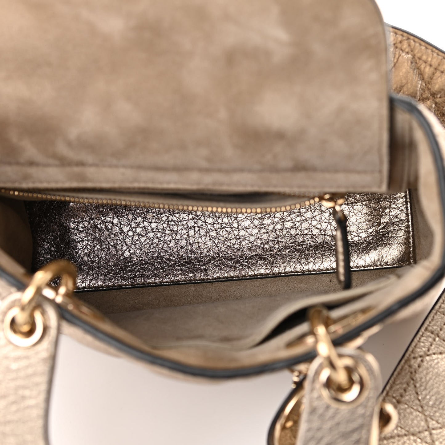 Metallic Grained Calfskin Cannage Small Supple Lady Dior Pale Gold