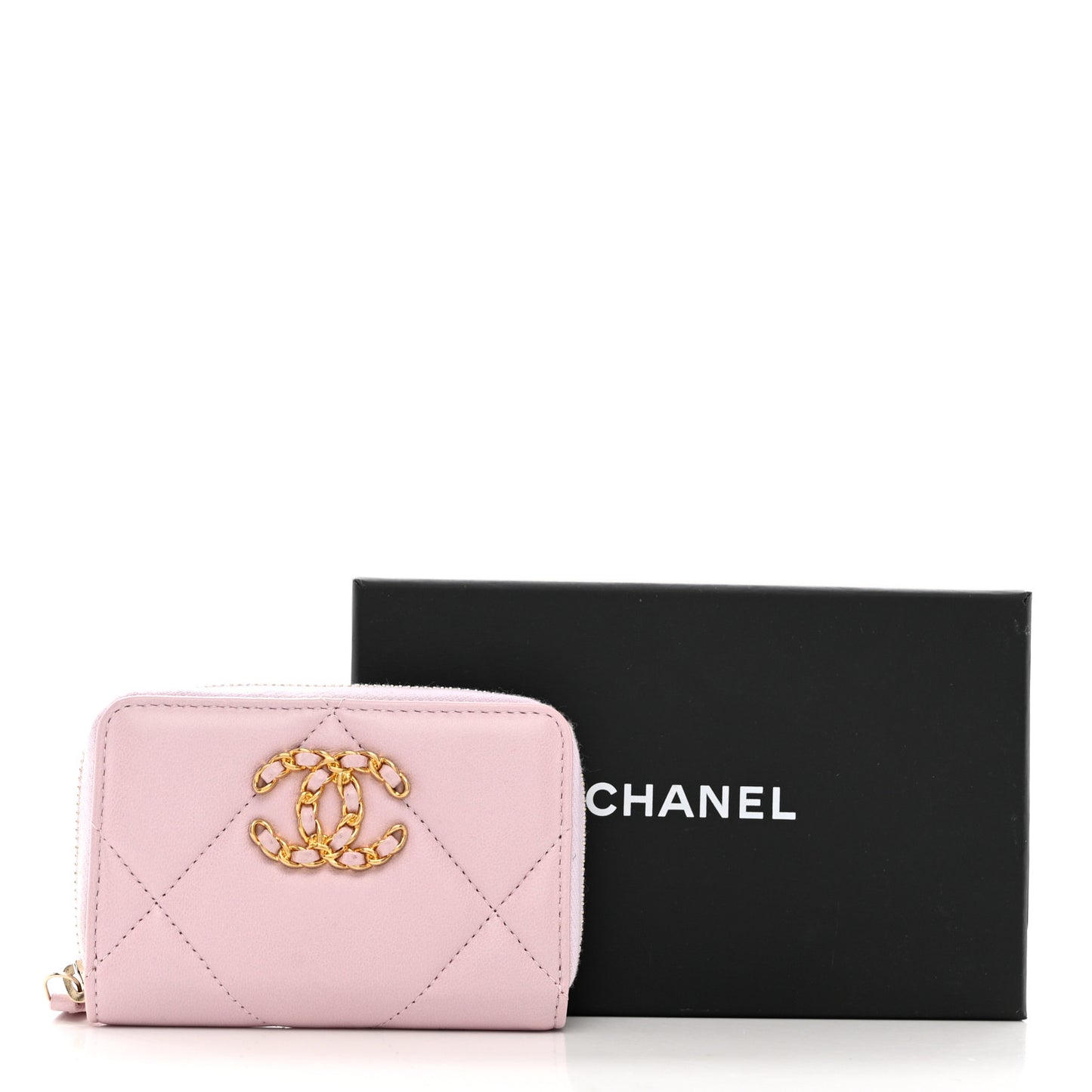 Lambskin Quilted Chanel 19 Zip Around Coin Purse Wallet Light Pink