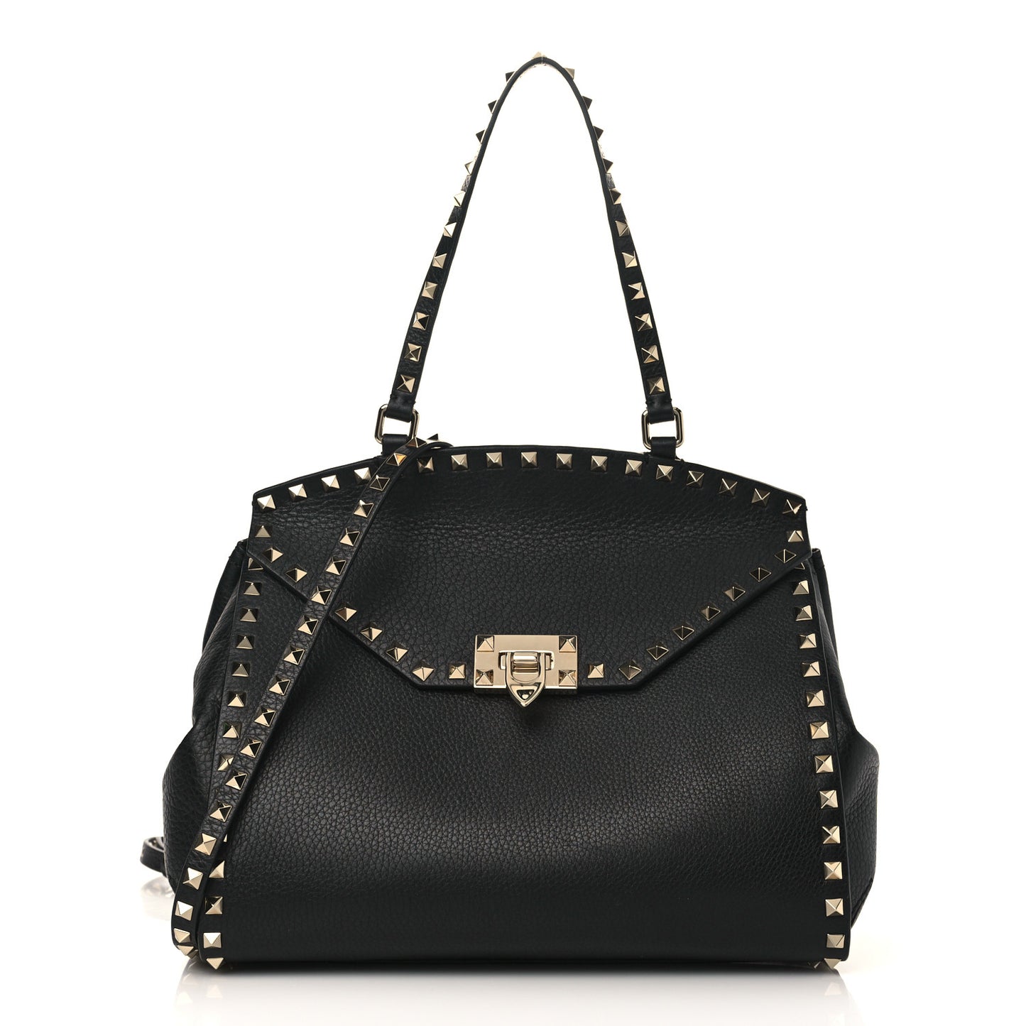 Grainy Calfskin Rockstud Single Handle Flap Bag Black