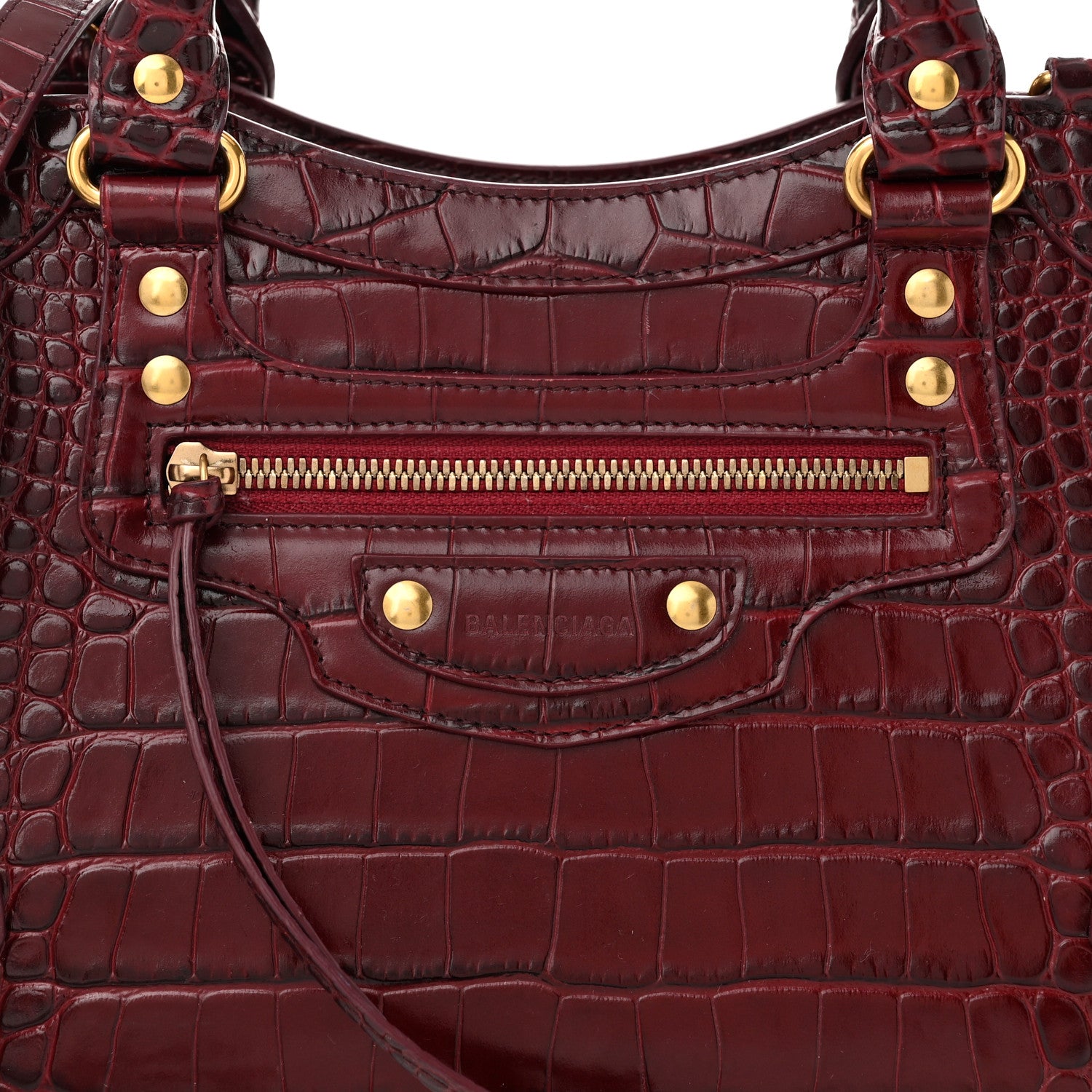 Balenciaga Shiny Supple Calfskin Crocodile Embossed Classic Gold Hardware S City Dark Red 7 of 10