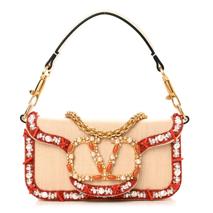 Valentino Garavani Raffia Beaded Crystal Embroidered Vlogo Small Loco Shoulder Bag Natural Orange 1 of 12