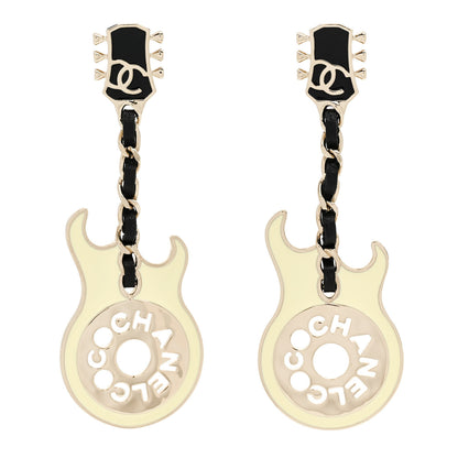 Chanel Metal Resin Lambskin Guitar Earrings Black White 1 of 5