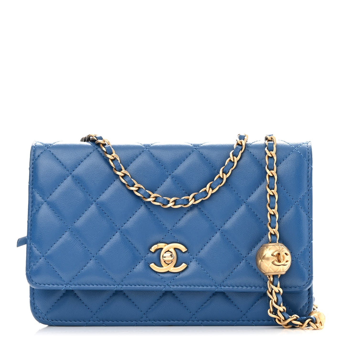 Lambskin Quilted CC Pearl Crush Wallet on Chain WOC Blue
