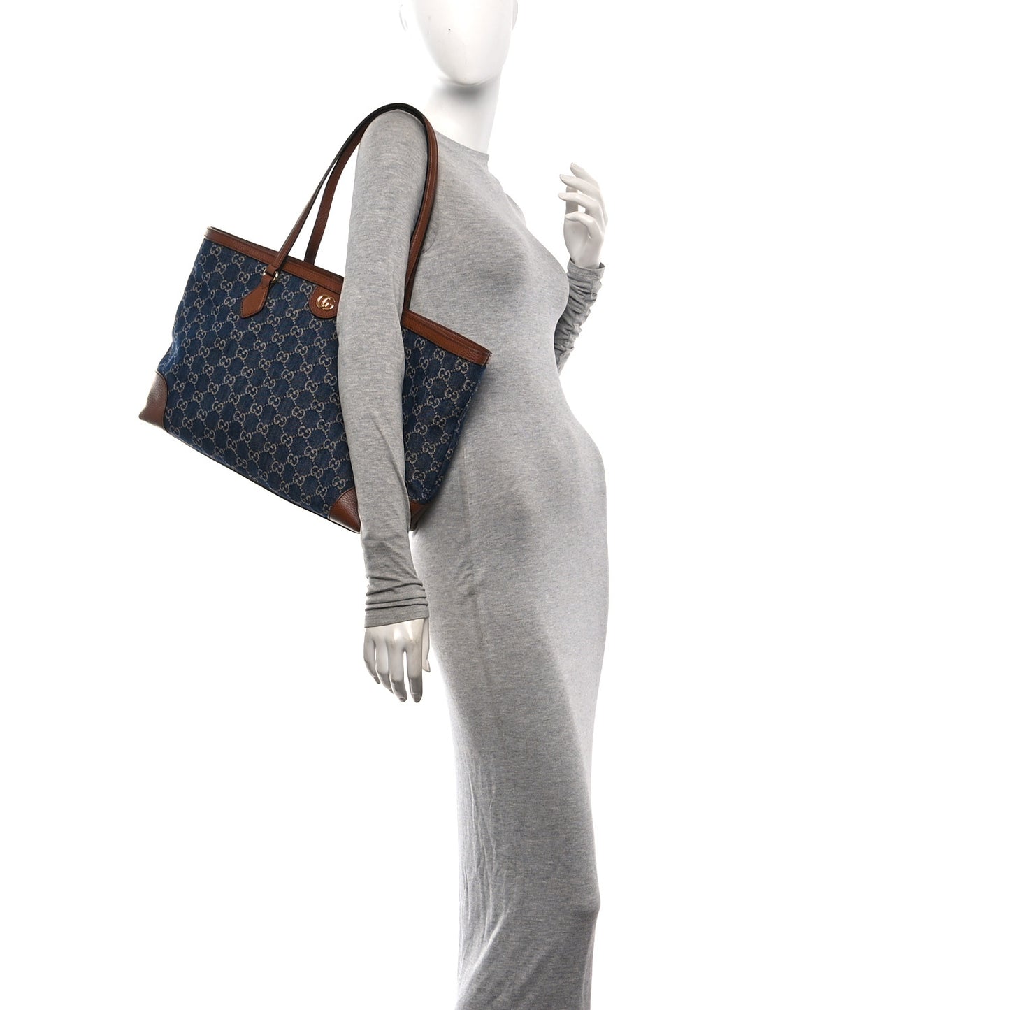 New Denim GG Monogram Medium Ophidia Shopping Tote Blue Tea Cuir