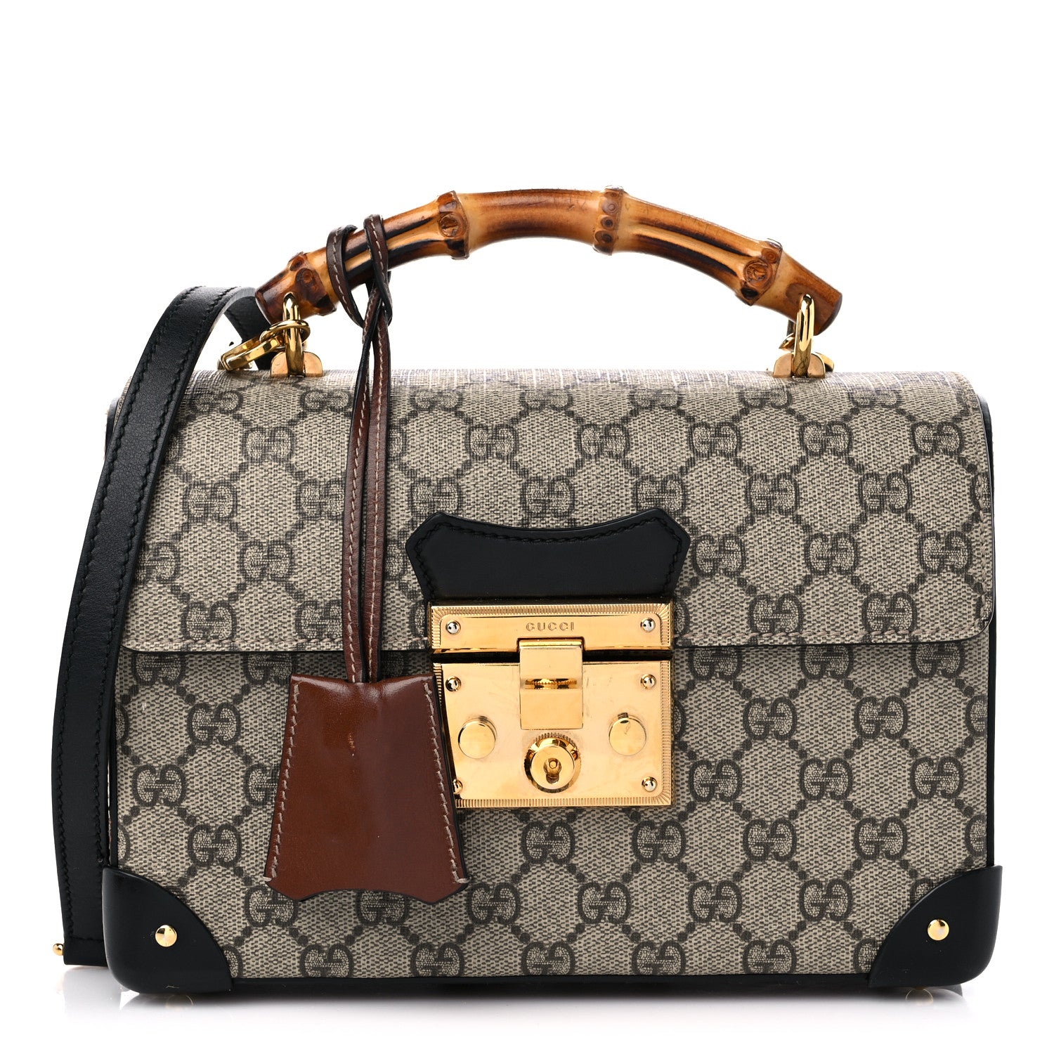 Gucci GG Supreme Monogram Small Padlock Bamboo Shoulder Bag Beige Black Cuir 1 of 13