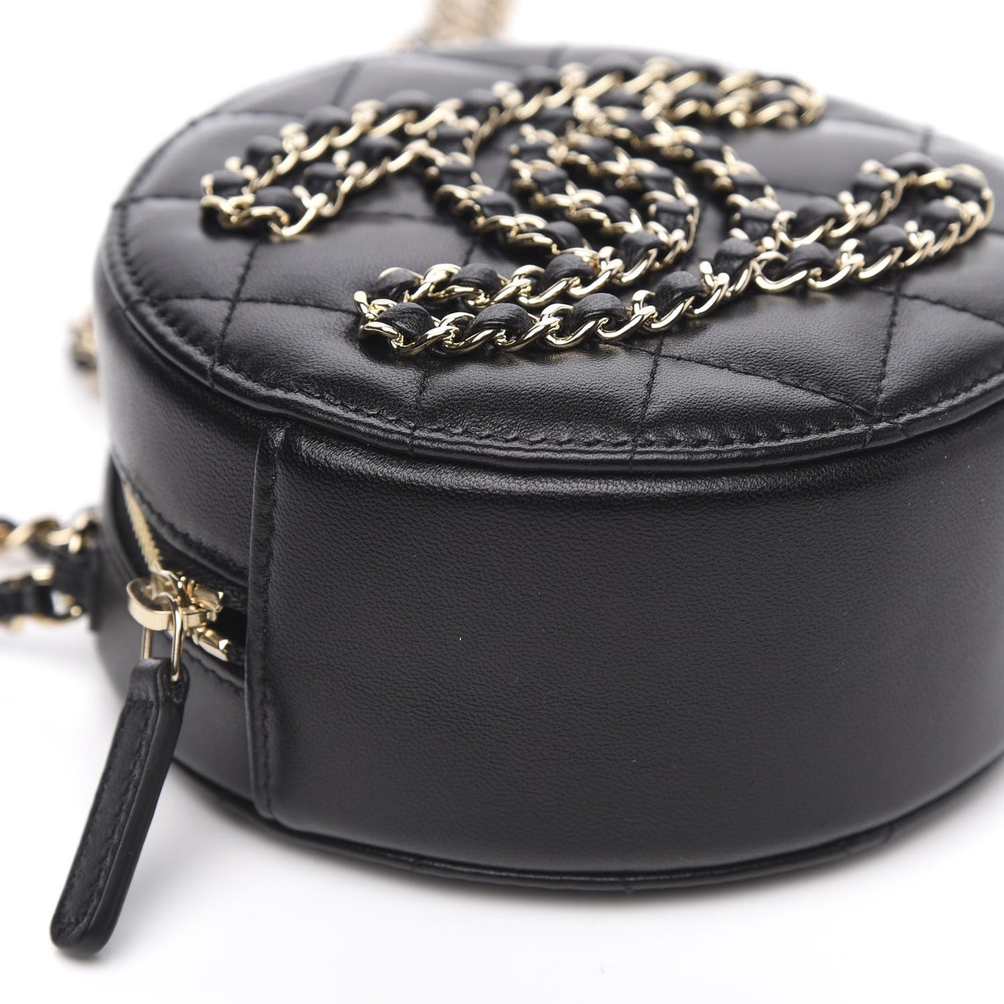 Lambskin Quilted Large CC Round Clutch With Chain Black