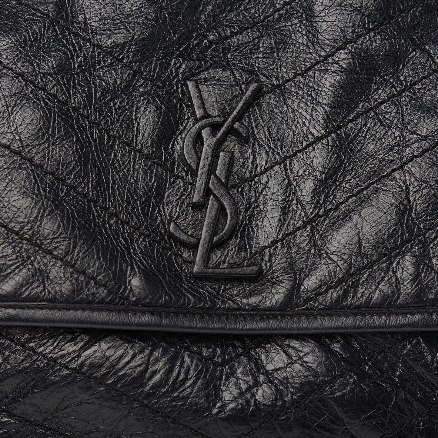 Crinkled Calfskin Matelasse Monogram Medium Niki Chain Satchel Black