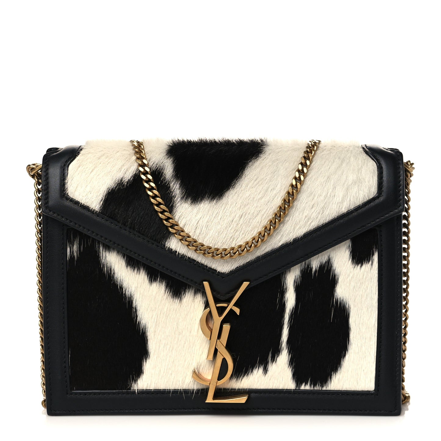 Calf Hair Cow Print Monogram Cassandra Clasp Bag Black White