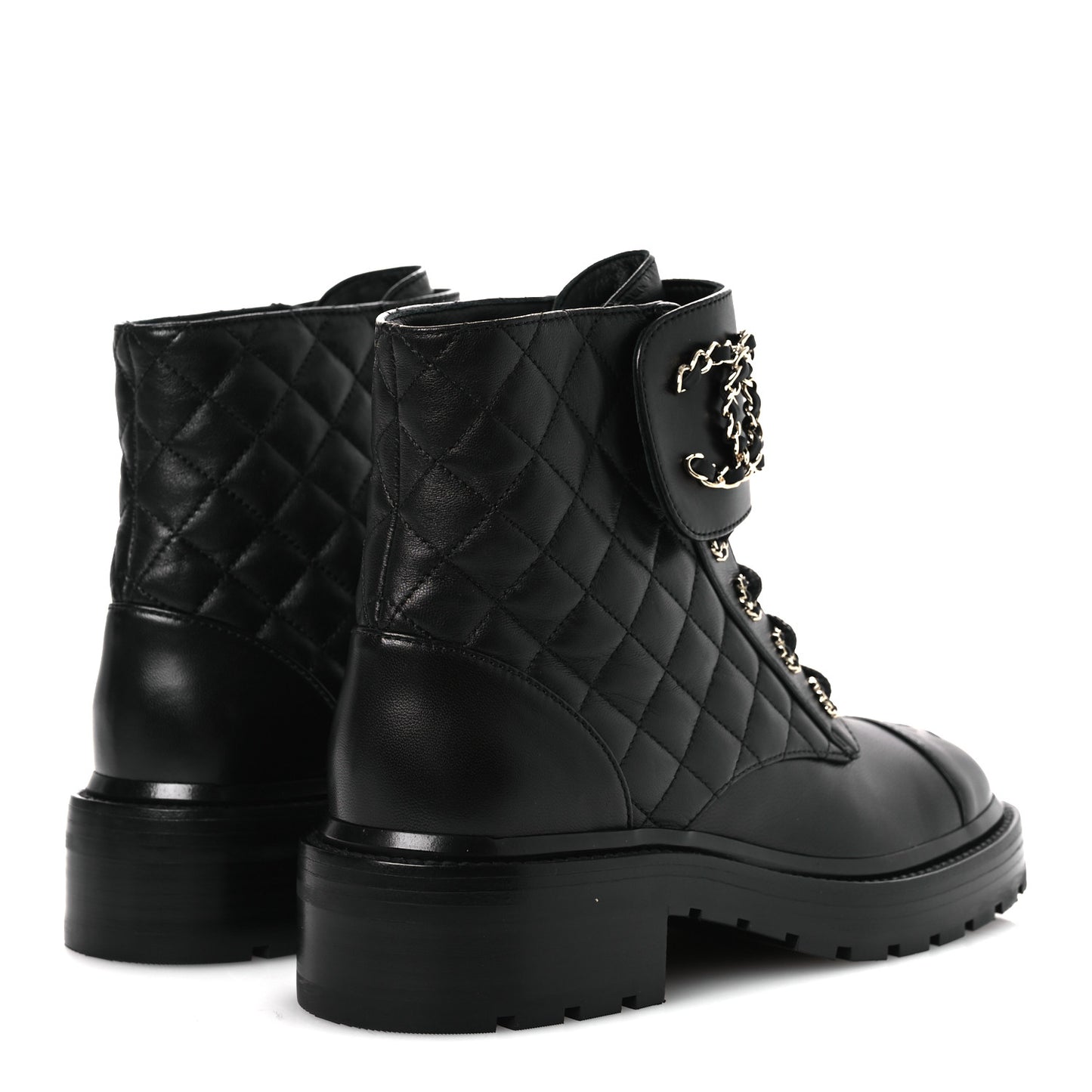Shiny Lambskin Quilted Lace Up Combat Boots 37 Black