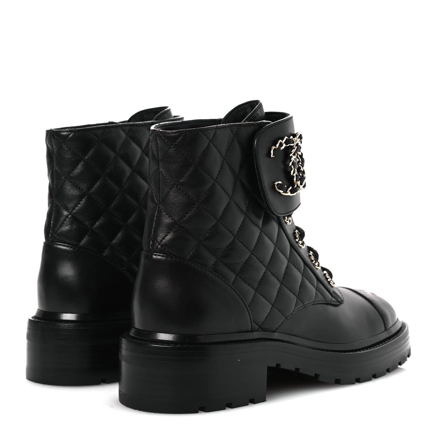 Chanel Shiny Lambskin Quilted Lace Up Combat Boots 37 Black 5 of 11