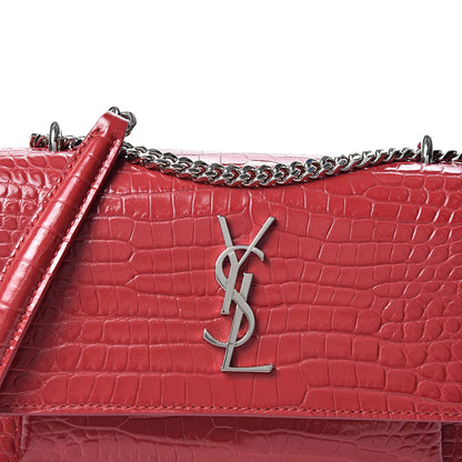 Saint Laurent Calfskin Crocodile Embossed Monogram Sunset Chain Wallet New Lipstick Red 8 of 8