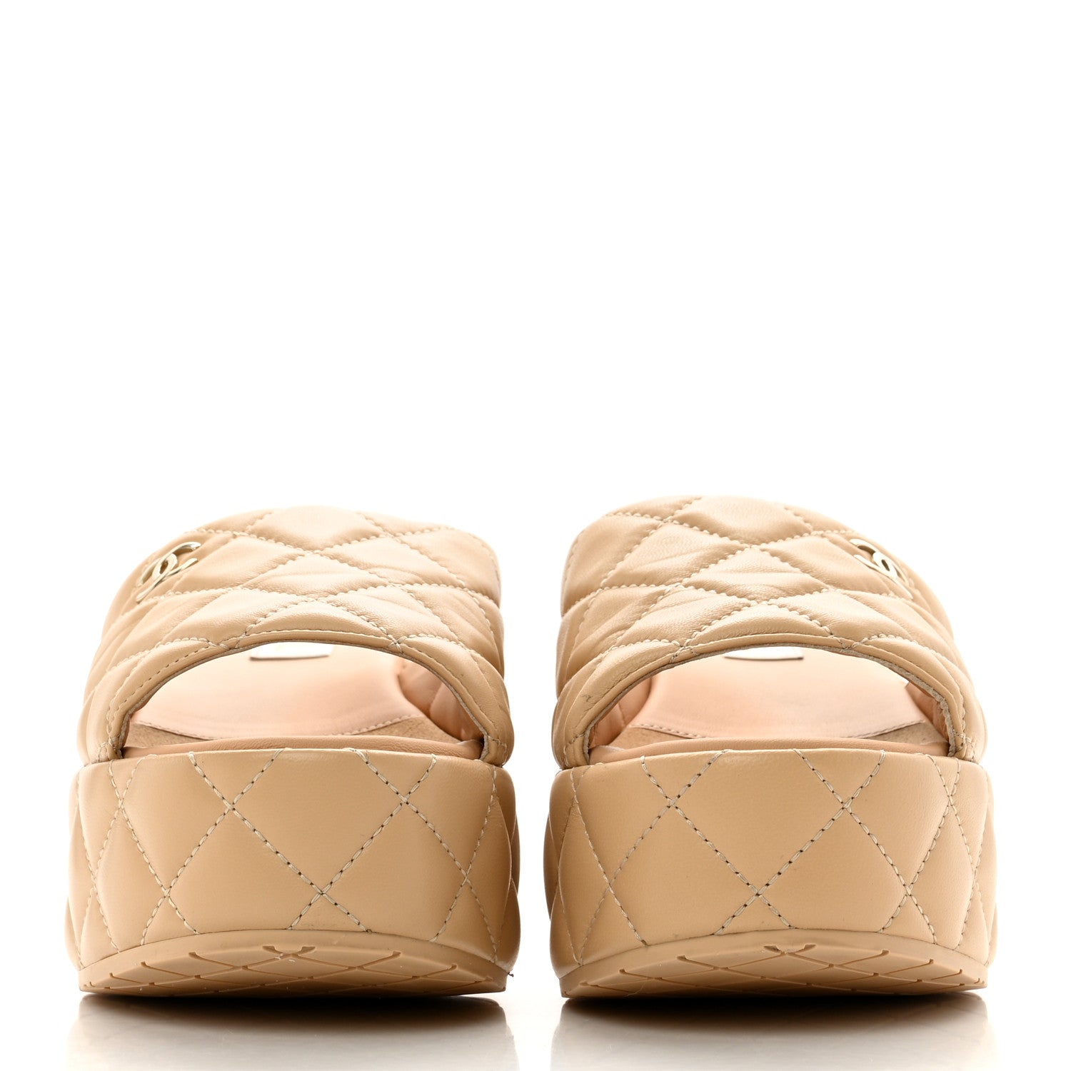 Chanel Lambskin Quilted CC Mules Wedge Sandals 38 Beige 2 of 8