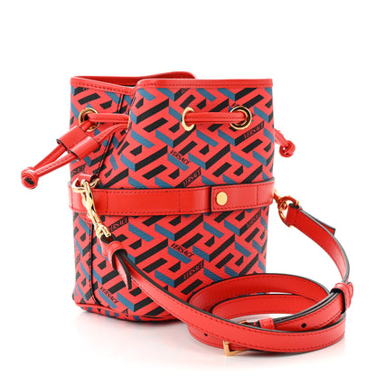 Versace Coated Canvas Calfskin La Greca Signature Mini Bucket Bag Blue Red 3 of 10