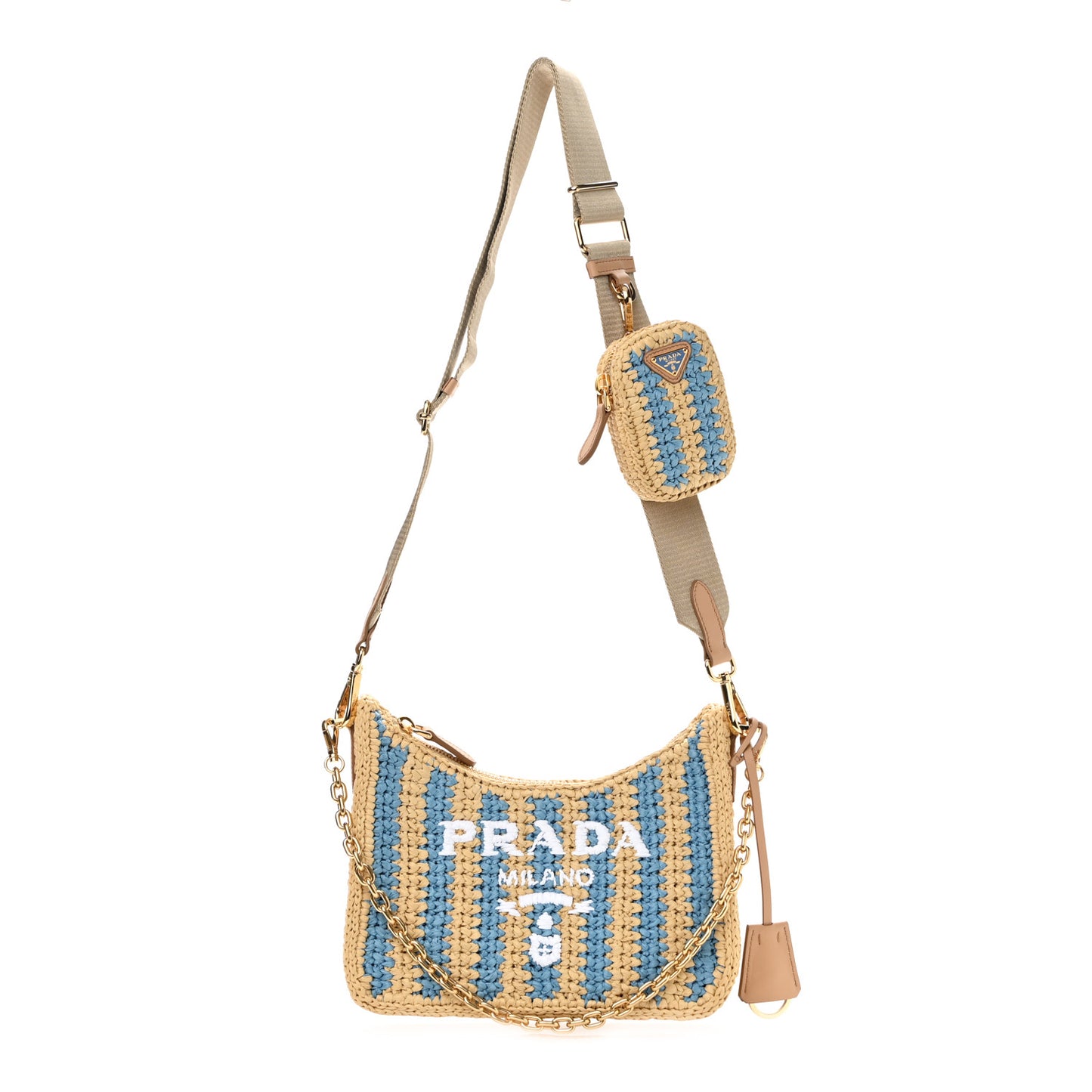 Yarn Raffia Effect Crochet Striped Re-Edition 2005 Shoulder Bag Naturale Celeste