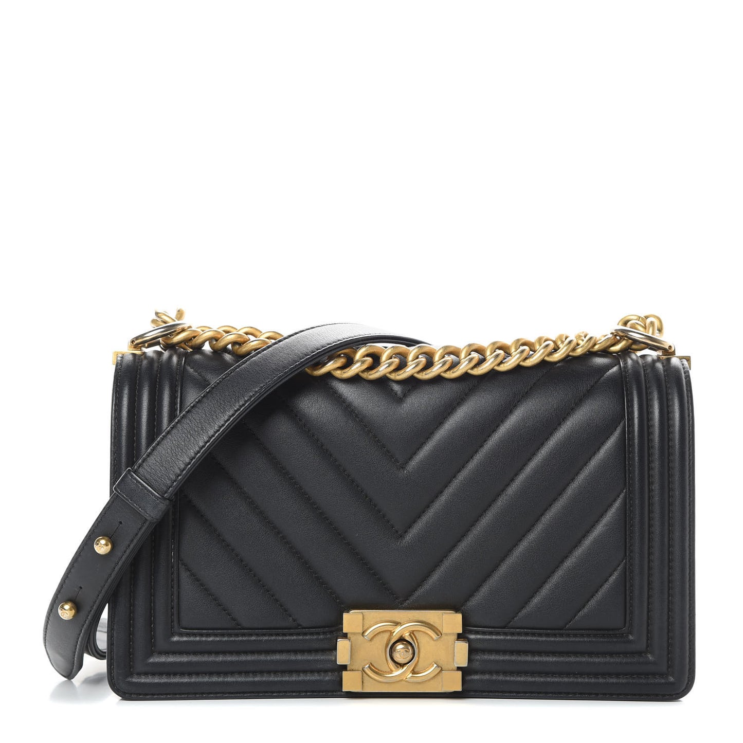 Calfskin Chevron Quilted Medium Boy Flap Black