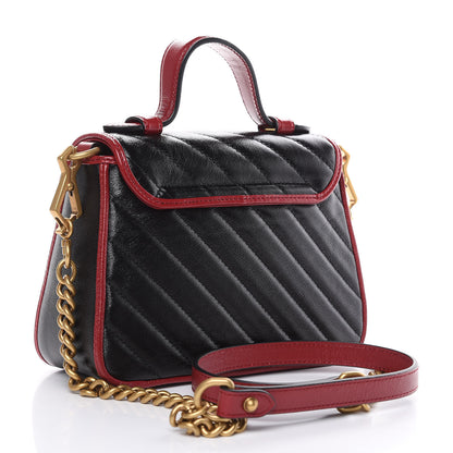 Gucci Vintage Effect Calfskin Matelasse Diagonal Mini Torchon GG Marmont Top Handle Shoulder Bag Black Romantic Cherry 3 of 9