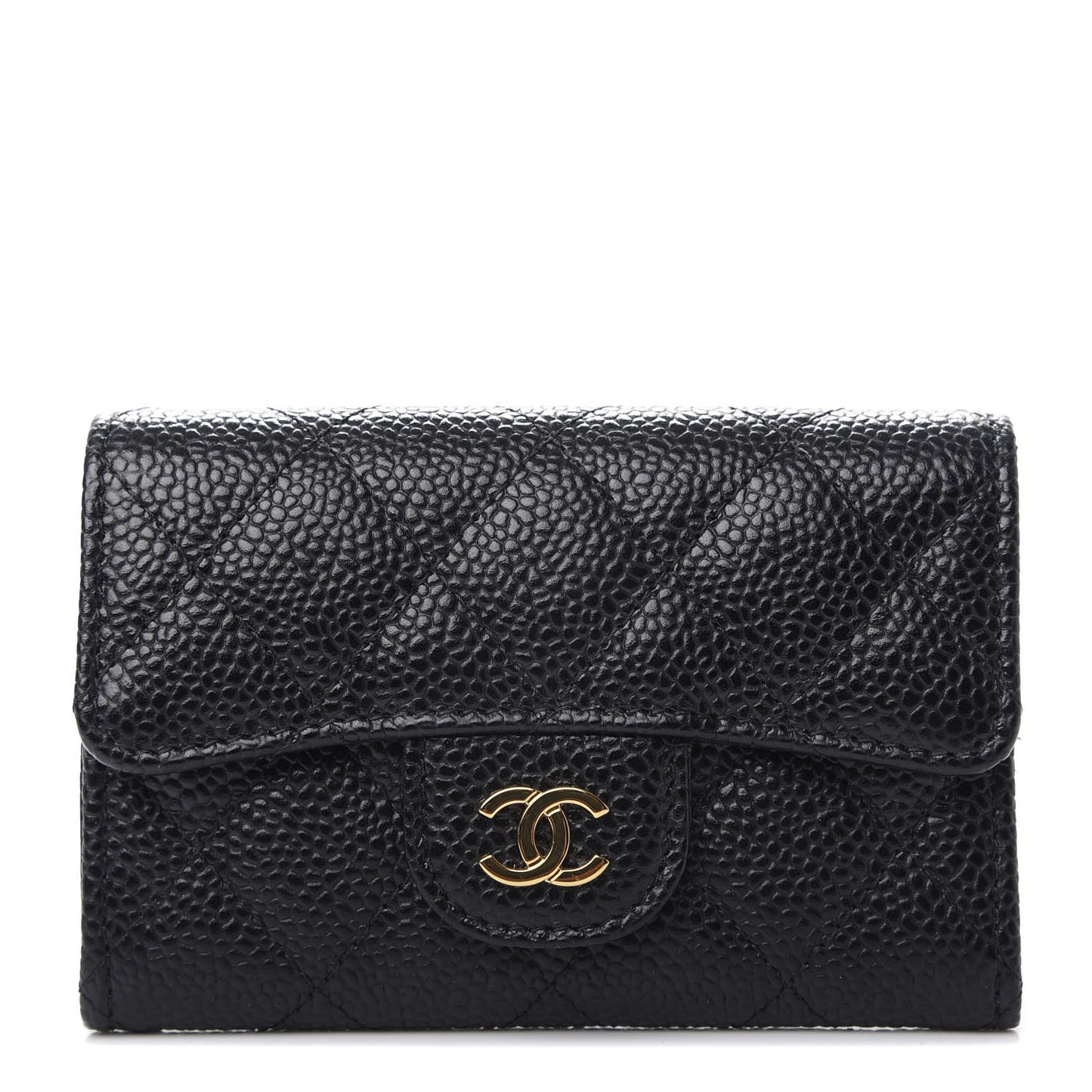 Caviar Quilted Flap Card Holder Wallet Black