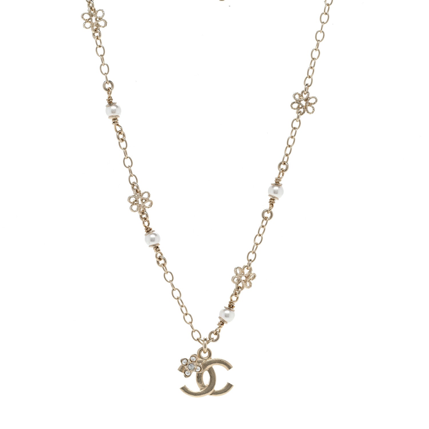 Chanel Crystal Pearl CC Necklace Gold 1 of 6