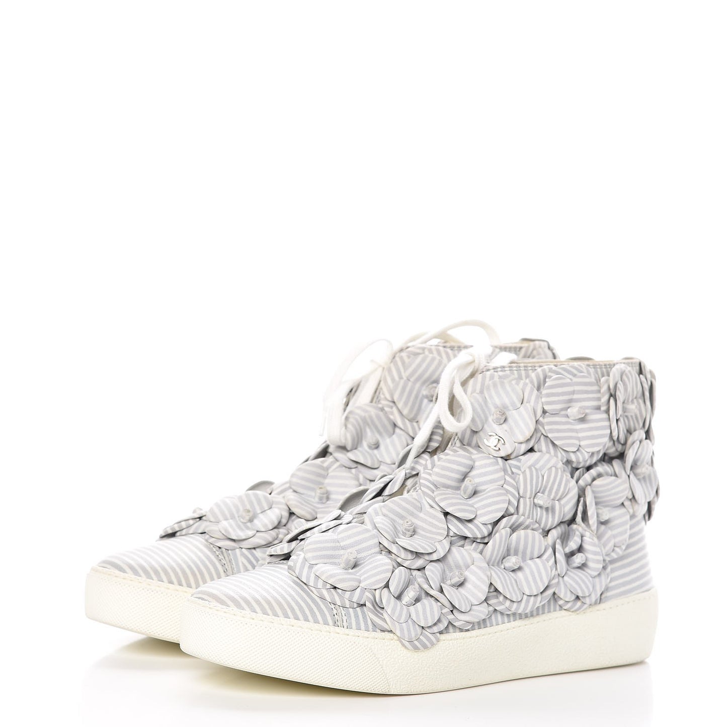 Lambskin Striped Camellia High Top Sneakers 39 Grey