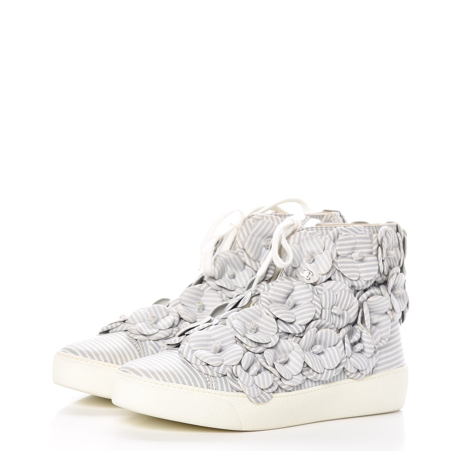 Chanel Lambskin Striped Camellia High Top Sneakers 39 Grey 3 of 7