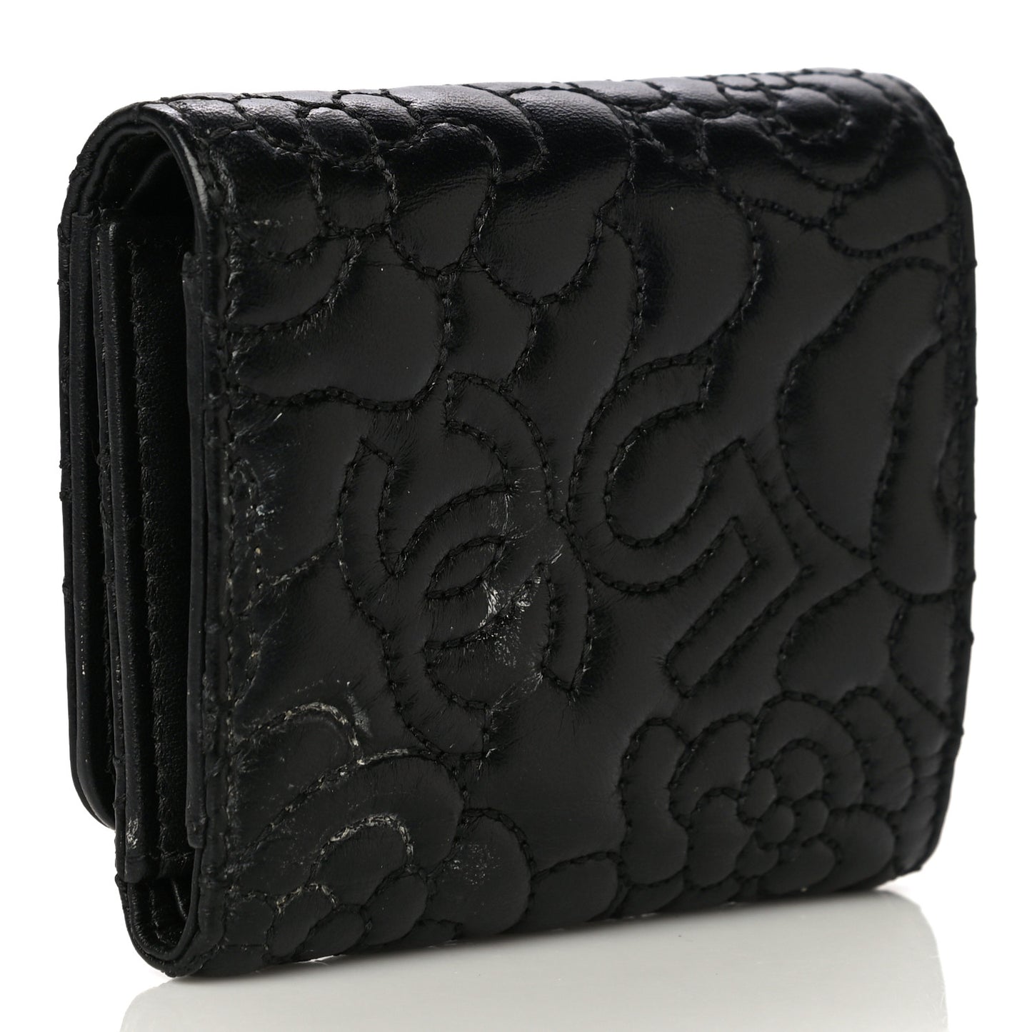 Lambskin Camellia Embossed Small Wallet Black