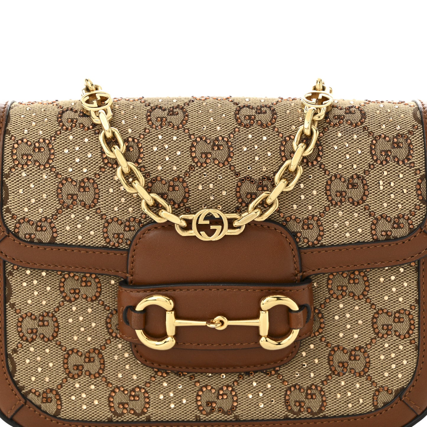 New Canvas Charisma Calfskin Crystal GG Monogram Mini Horsebit 1955 Shoulder Bag Camel Ebony