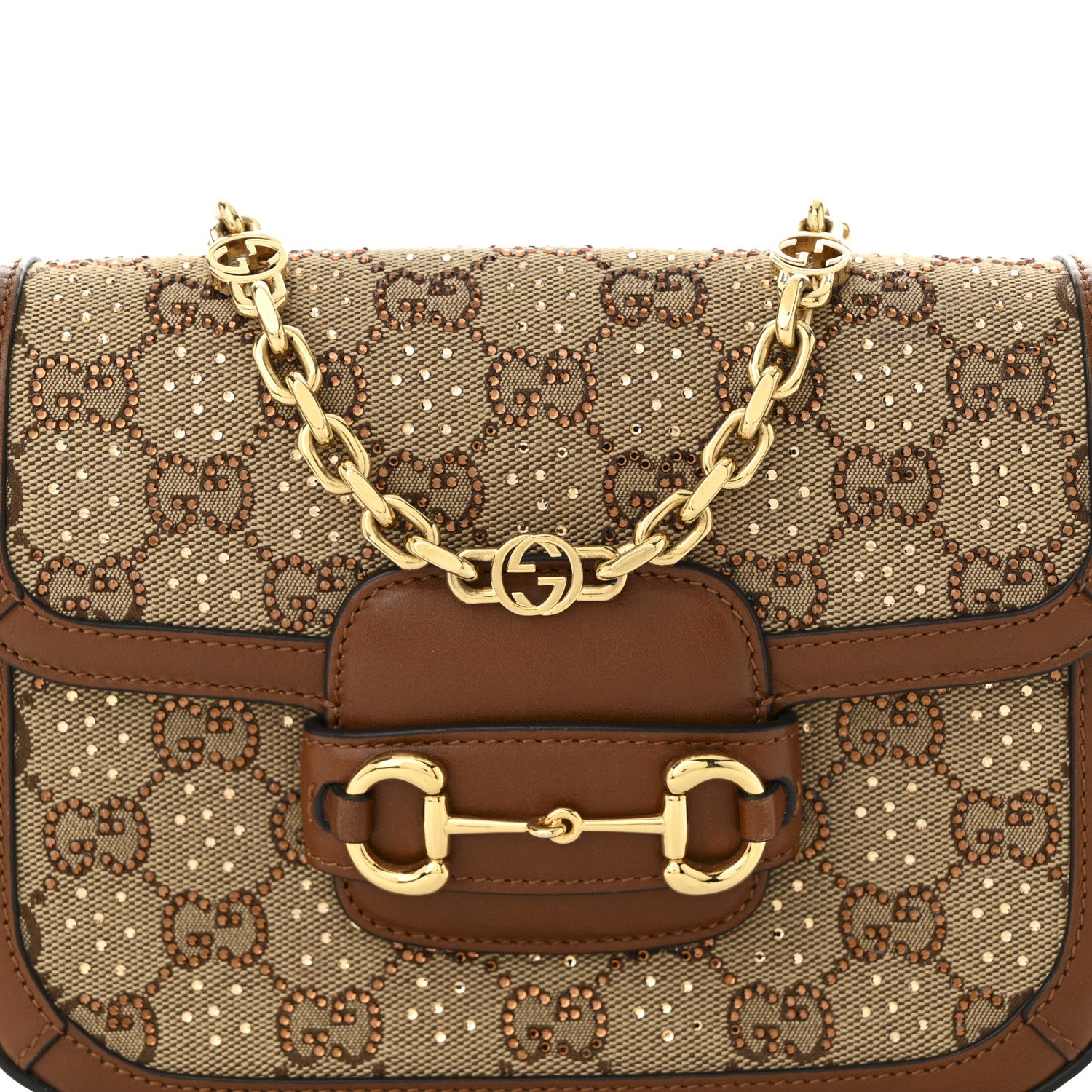 Gucci New Canvas Charisma Calfskin Crystal GG Monogram Mini Horsebit 1955 Shoulder Bag Camel Ebony 8 of 10