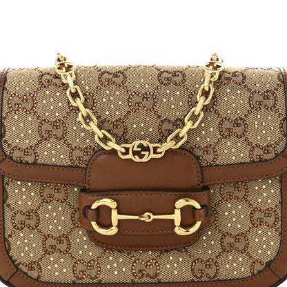 Gucci New Canvas Charisma Calfskin Crystal GG Monogram Mini Horsebit 1955 Shoulder Bag Camel Ebony 8 of 10