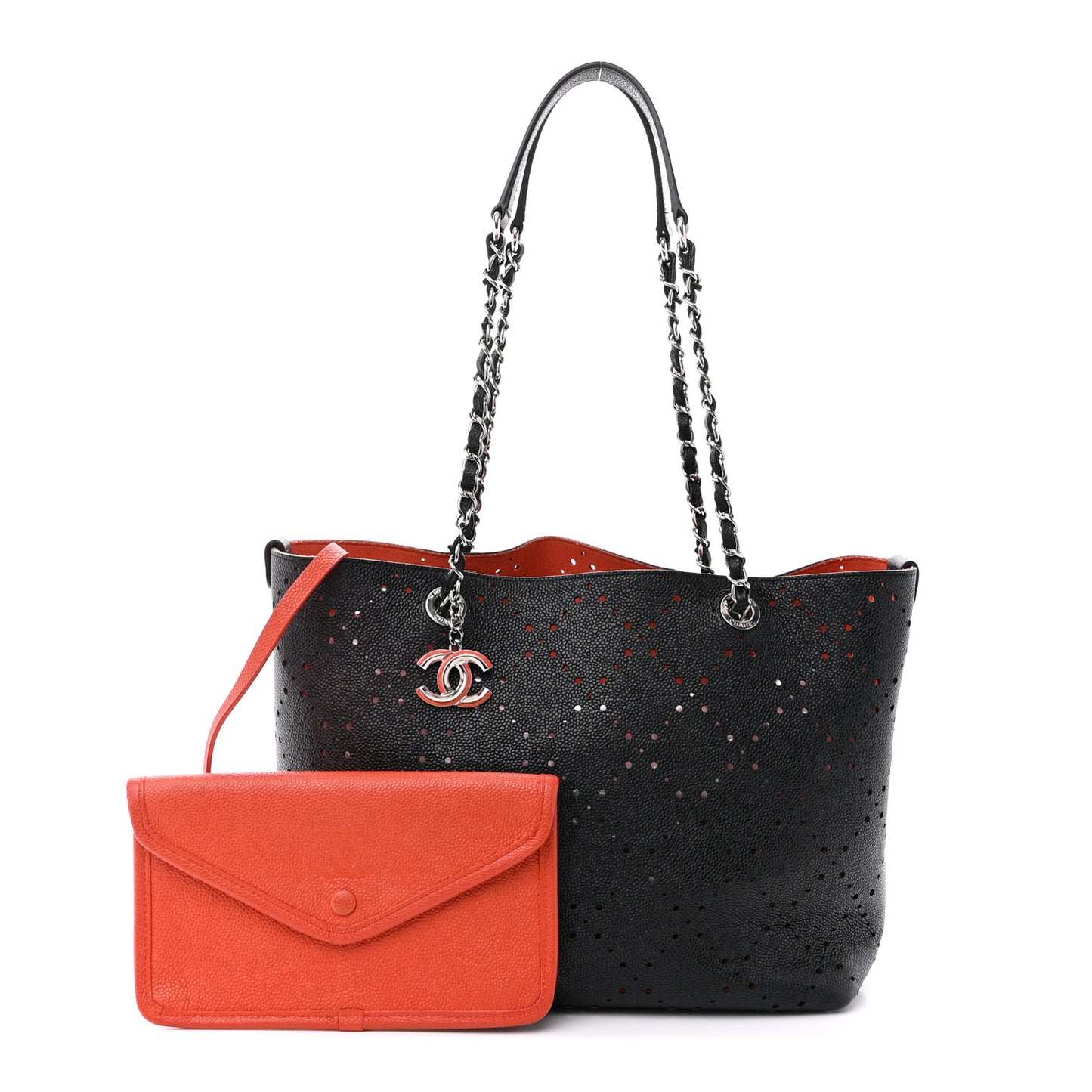 Perforated Grained Calfskin Small Shopping Tote Black