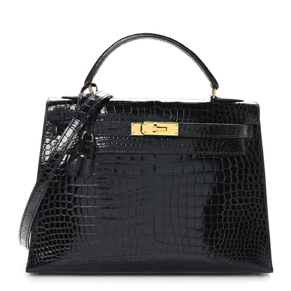 Hermes Shiny Porosus Crocodile Kelly Sellier 32 Black 1 of 10