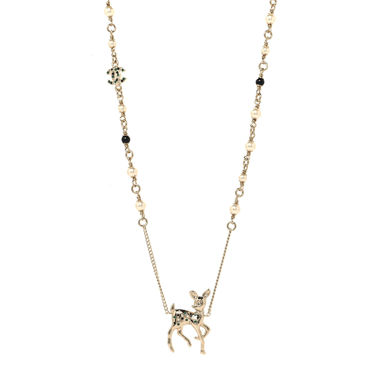 Metal Crystal Pearl Deer Pendant Necklace Green Black Gold