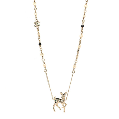 Chanel Metal Crystal Pearl Deer Pendant Necklace Green Black Gold 1 of 5