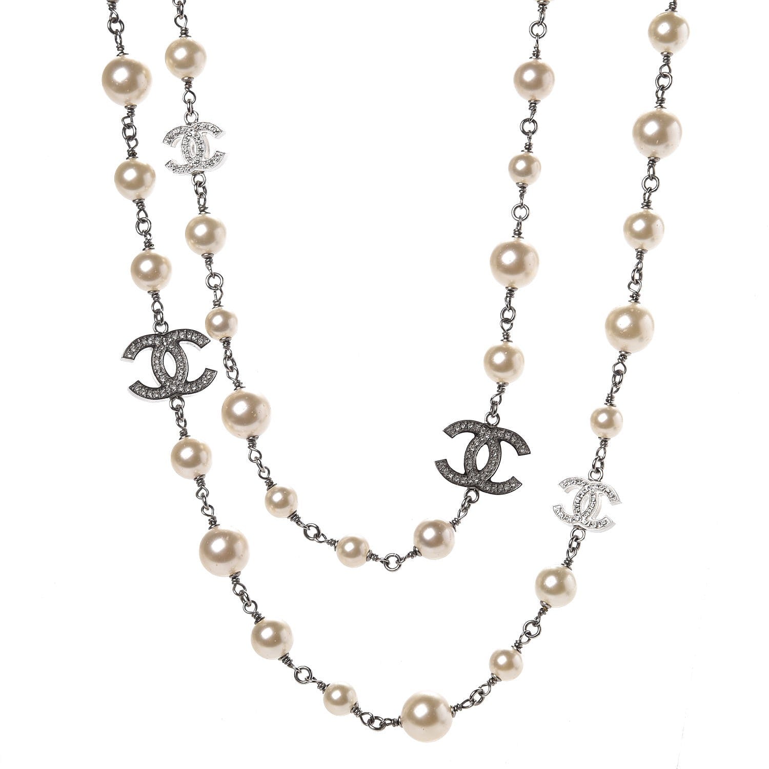 Chanel Graduated Pearl Crystal CC Long Necklace Silver 1 of 6