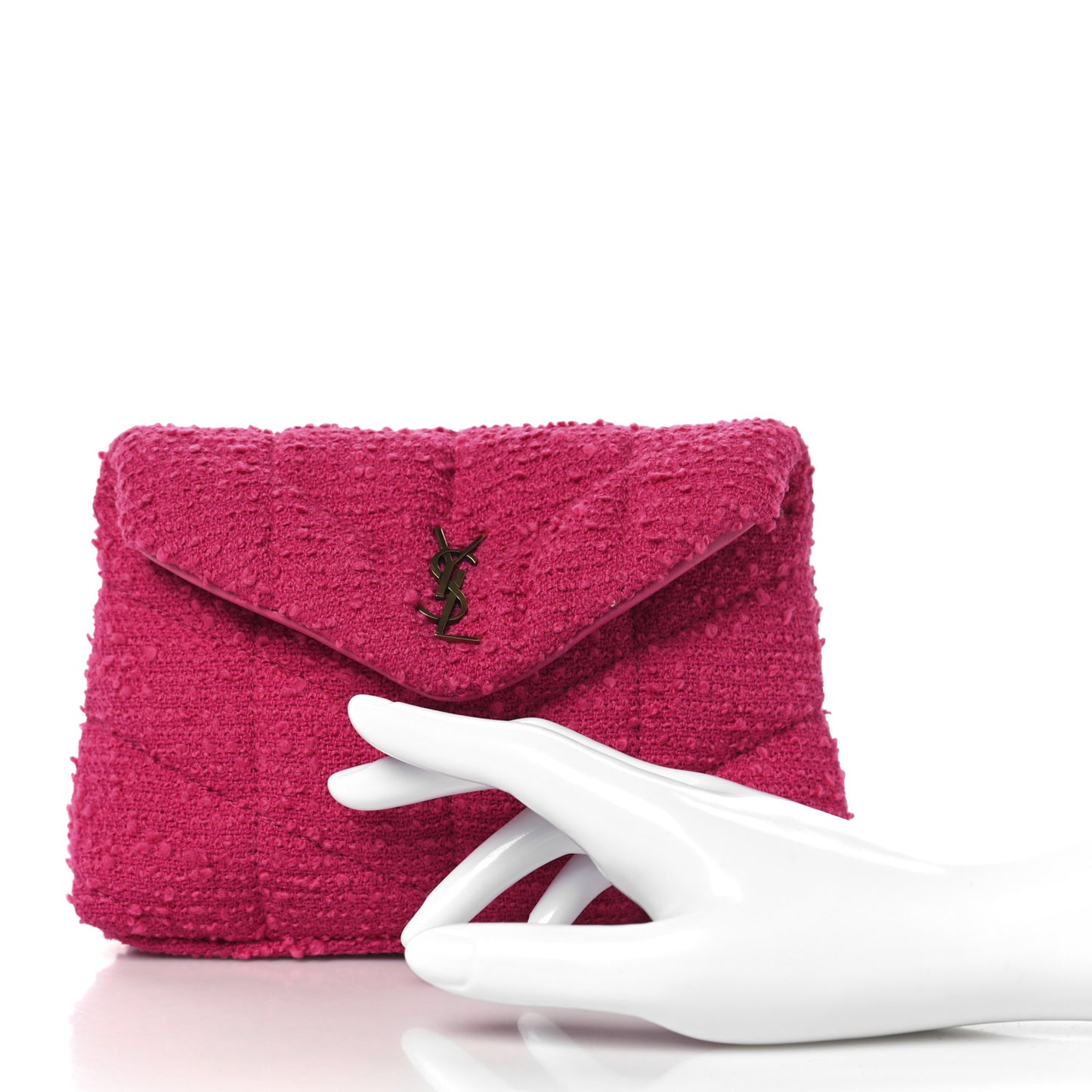 Boucle Tweed Quilted Loulou Puffer Monogram Pouch Clutch Magenta