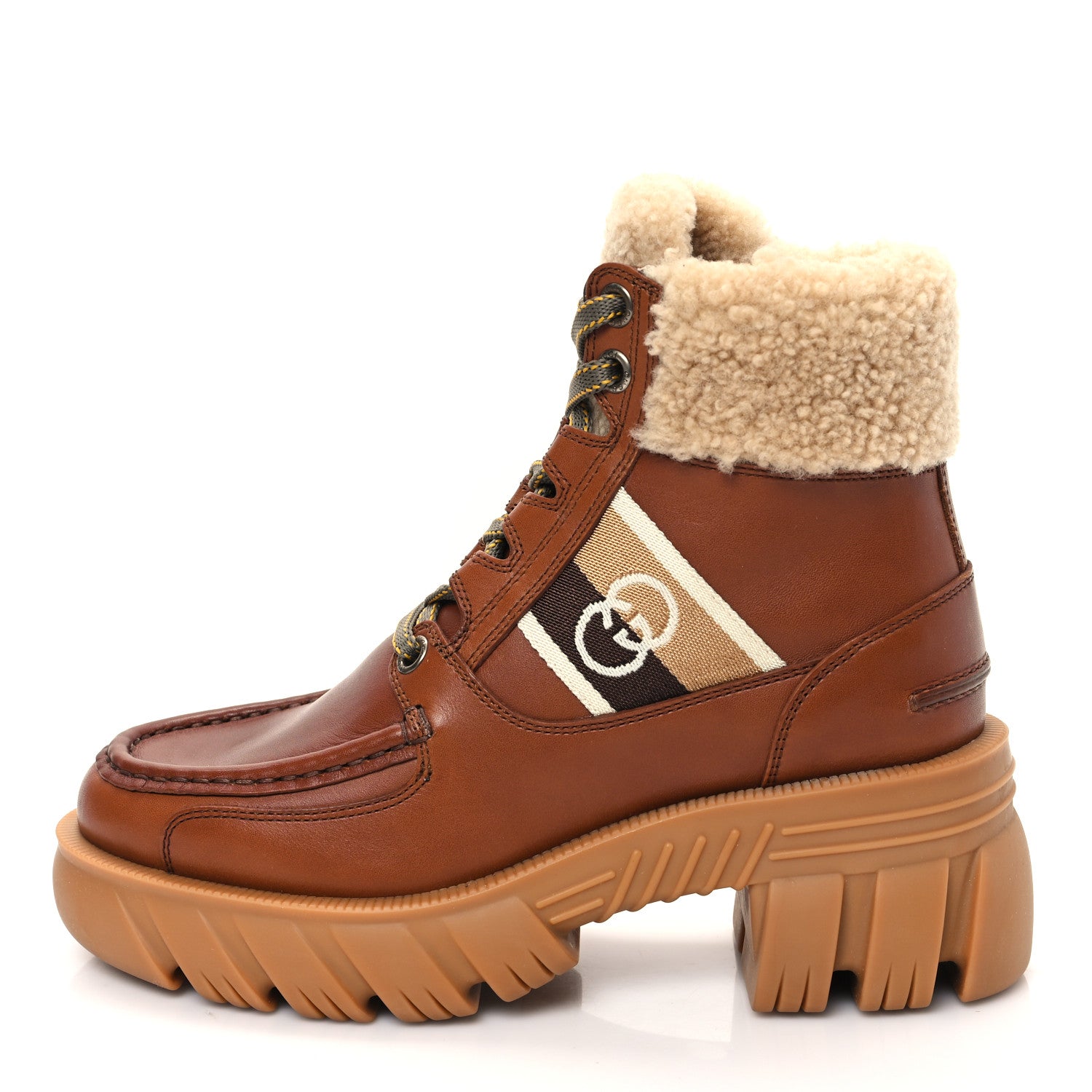 Gucci Quebec Wool Calfskin Web Womens Interlocking G Lace Up Combat Boots 37 Cuir Mystic White Ebony Beige 1 of 8